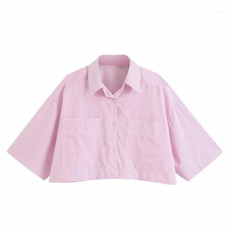 

Elegant Stripe Print Blouse Shirts Office Lady 2022 Summer Long Sleeve Slim Blouses Women Casual Button Turn Dowon Collar Tops Women's &, Pink
