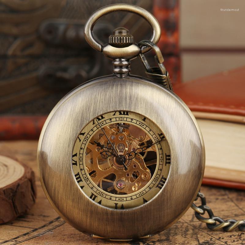 

Pocket Watches Bronze Manual Winding Mechanical Round Skeleton Case Pendant Clock Roman Numerals Beige Dial Watch GiftsPocket