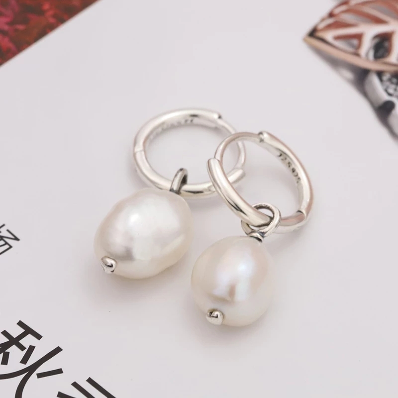 

Authentic 925 Sterling Silver Freshwater Cultured Baroque Pearl Hoop Earrings luxury for Women 2022 Girls Fit Pandora Fashion Jewelry Brincos 299426C01