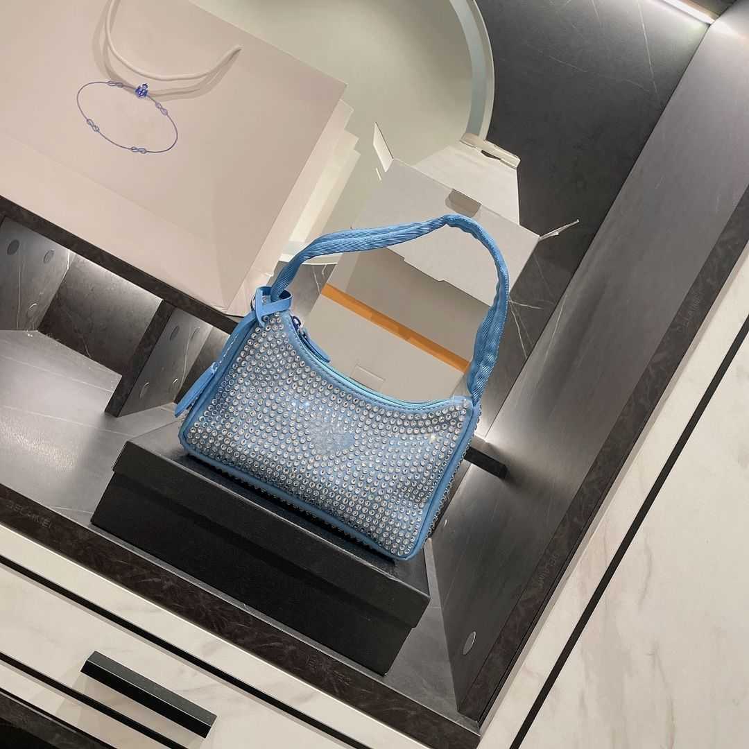 

Top Quality underarm Shoulder Bag Fashion parachute fabric crystal handbag luxury designer moon shaped middle bag women's Cross Purse sj, Blue+ crystal
