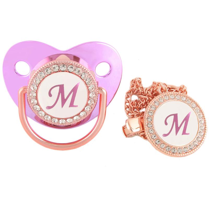 Pacifiers# Luxury Metal Purple 26 Initials Baby Pacifier With Clip Silicone Dummy Nipple Bling Rhinestone Orthodontic Chupeta-image-767784844