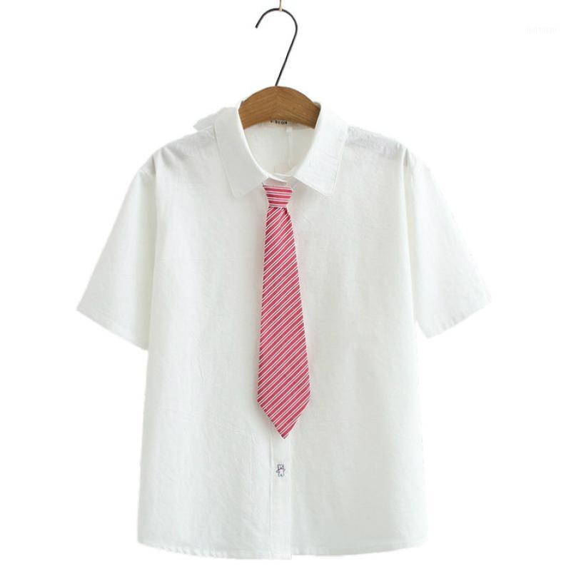

Harakuju Woman White Tie Blouses 2022 Summer Short Sleeve Sweet Style Casual Turndown Collar Cartoon Embroidery Blouse Shirt Women's &