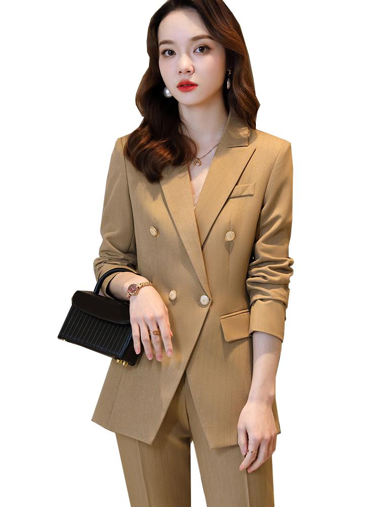 Women's Two Piece Pants High Quality Black Beige Khaki Striped Ladies Formal Pant Suit Women 2 Set Female Single Breasted Blazer And Trouser