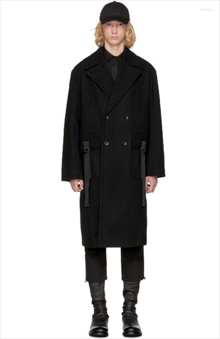 

Men's Trench Coats Fall/winter Lapel Solid Color Double Breasted Ribbon Splicing Pocket Design Loose Medium To Long Woolen Coat Viol22, Black