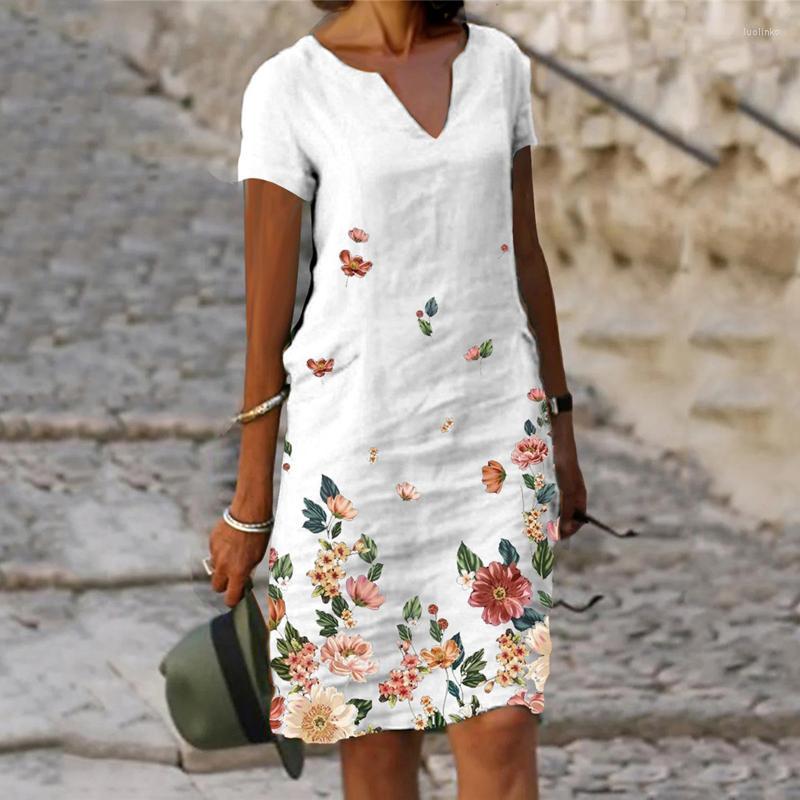 

Casual Dresses Women Elegant Dress Summer Fashion Loose V-neck Short Sleeve A-line Sundress Female Vintage Print Midi VestidosCasual, Gray