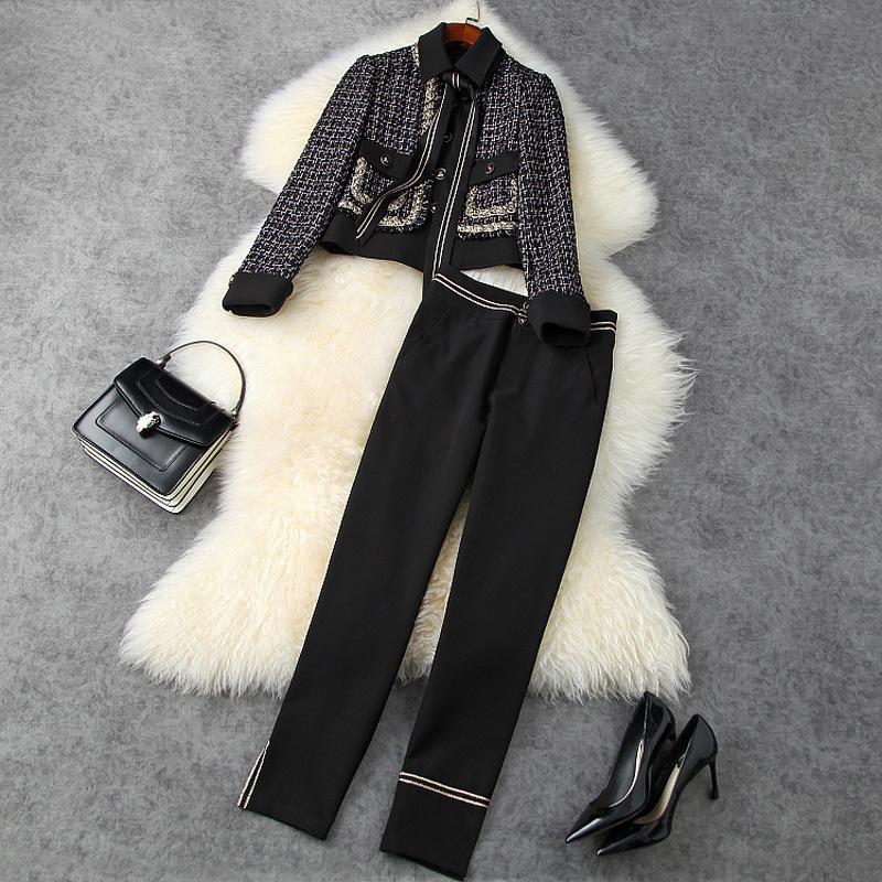 

Women' Two Piece Pants Autumn Winter Women Plaid Tweed Jacket Black Sets Bowknot Turn Down Collar Woolen Short Jackets Set OutfitsWomen