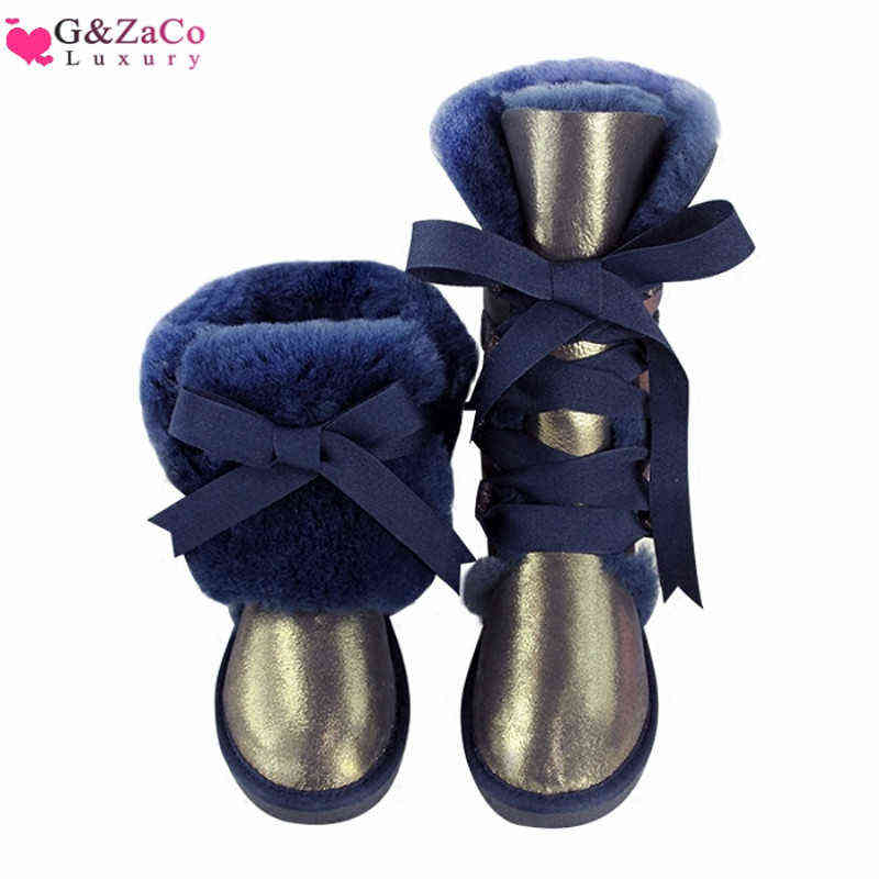 

Fashion-Boots G&zaco Luxury Sheepskin Snow Australia Knee High Winter Natural Wool Sheep Fur Bow Flat Women Long 1203, Dark blue