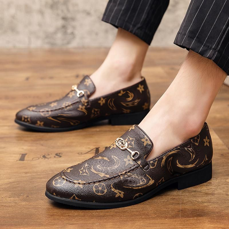 

Loafers Men Shoes Pu Leather Print Color Metal Slip on Round Head Flat Bottom Casual Business Chaussure Homeme DP238, Black