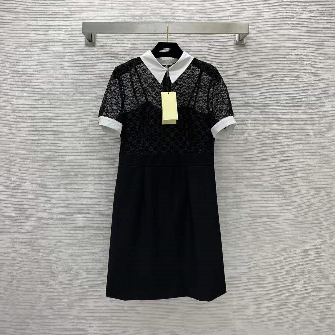 

2022 Summer Autumn Short Sleeve Lapel Neck Print Fashion Milan Runway Dress Designer Dress Brand Same Style Dress 0615-09, Black