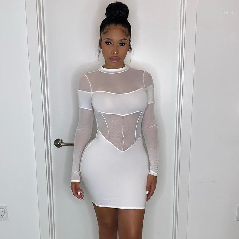 

Casual Dresses Mesh Stitching Long-sleeved Mini 2022 Fall Women' Baddies Club Elegant Dress White Skinny