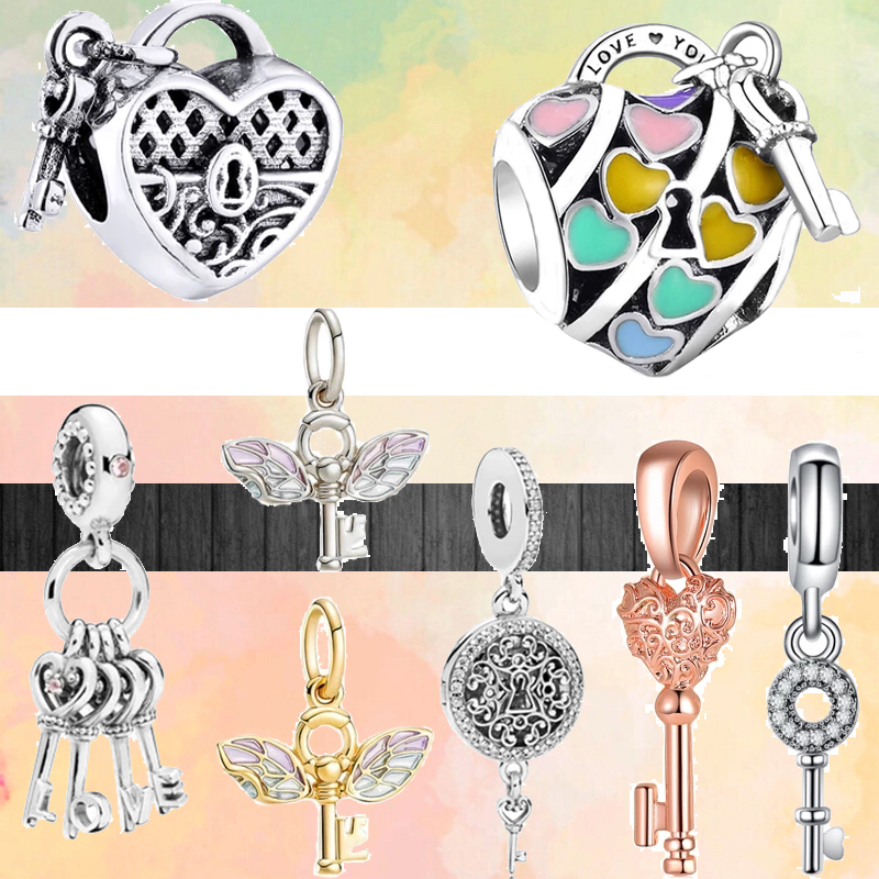 

Fit pandora charms 925 bracelet Bead Original box Fashion Cute Wing Key Lock Love European charm jewelry