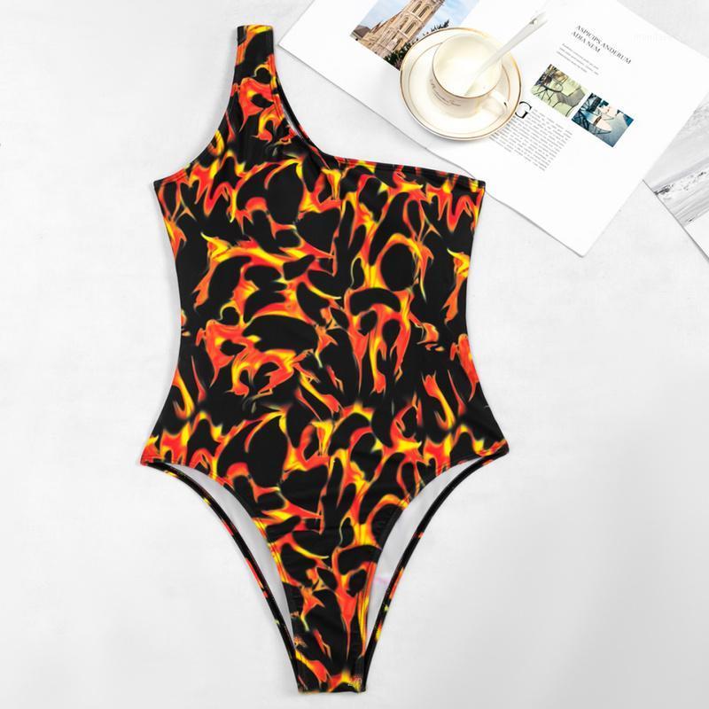 

Women' Swimwear Sexy Flame One- Piece Swimsuit Women One Shoulder Summer Beach Wear Print Bathers Bikinis, As picture