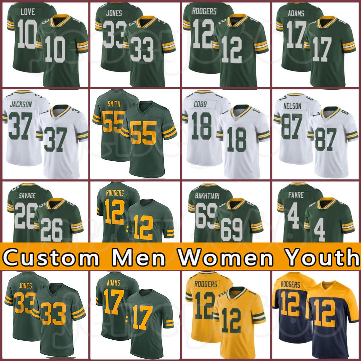 

Green 12 Aaron Rodgers Custom Davante Adams Packer Football Aaron Jones Bart Starr Jerseys 10 Love Brett Favre Bay Mens Darnell Savage Jr David Bakhtiari Rashan Gary, Custom women (b z g)