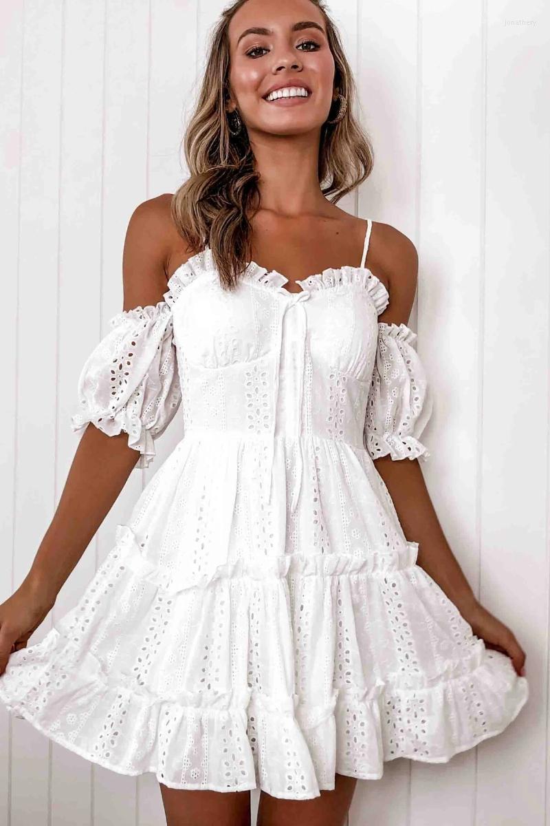 

Plus Size Dresses Women Sexy Mini Dress Sling Sleeveles Tassel Lace Embroidered Hollow Wrap Chest Stitching Pleated Summer 2022 Jona22, White