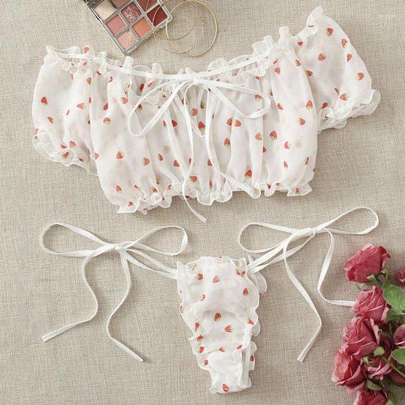 

Bras Sets Women Kawaii Lingerie Set Strawberry Printed Cute Exotic Underwear Bowknot Mesh Off Shoulder Crop Tops Thongs Nightwear, White