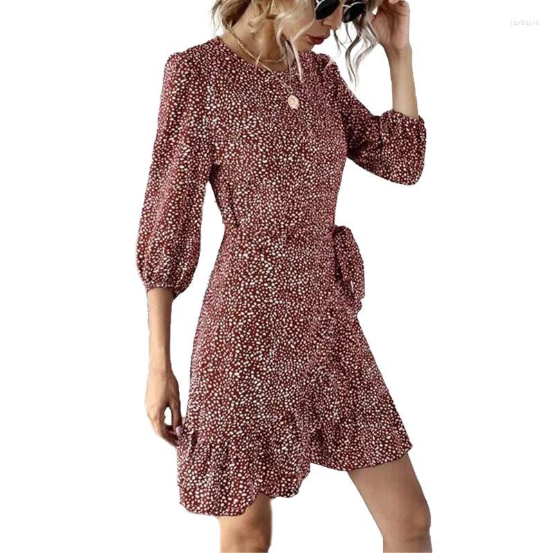 

Casual Dresses Women' Dot Printed Dress Elegant Lantern Long Sleeve Ruffled Hem Irregular Derss Retro High Wasit Vestidos PartyCasual, Burgundy