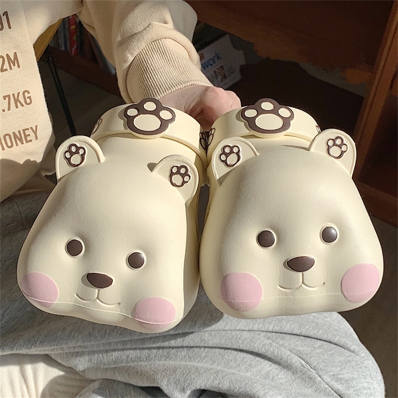 

Fashion Women Baotou Sandals Outdoor Beach Cute Bear Slides Nonslip Bathroom Couple Slippers Female Shoes 220614, Beige white