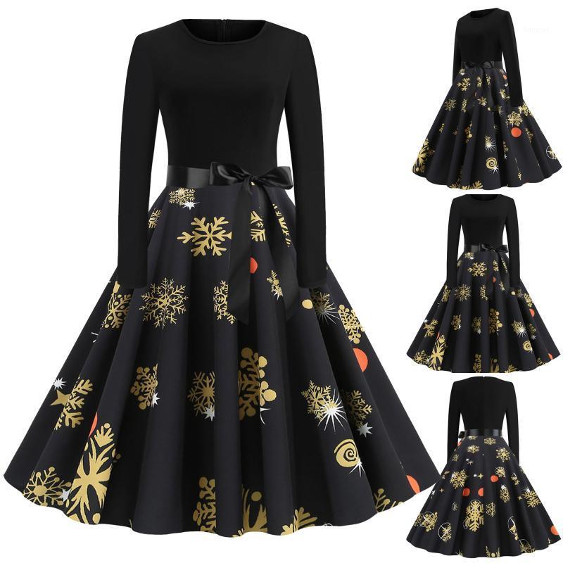 

Casual Dresses Christmas Dress Women Winter Long Sleeve Elegant Vintage Swing Party Robe Gold Snowflake Print Vestidos, Black