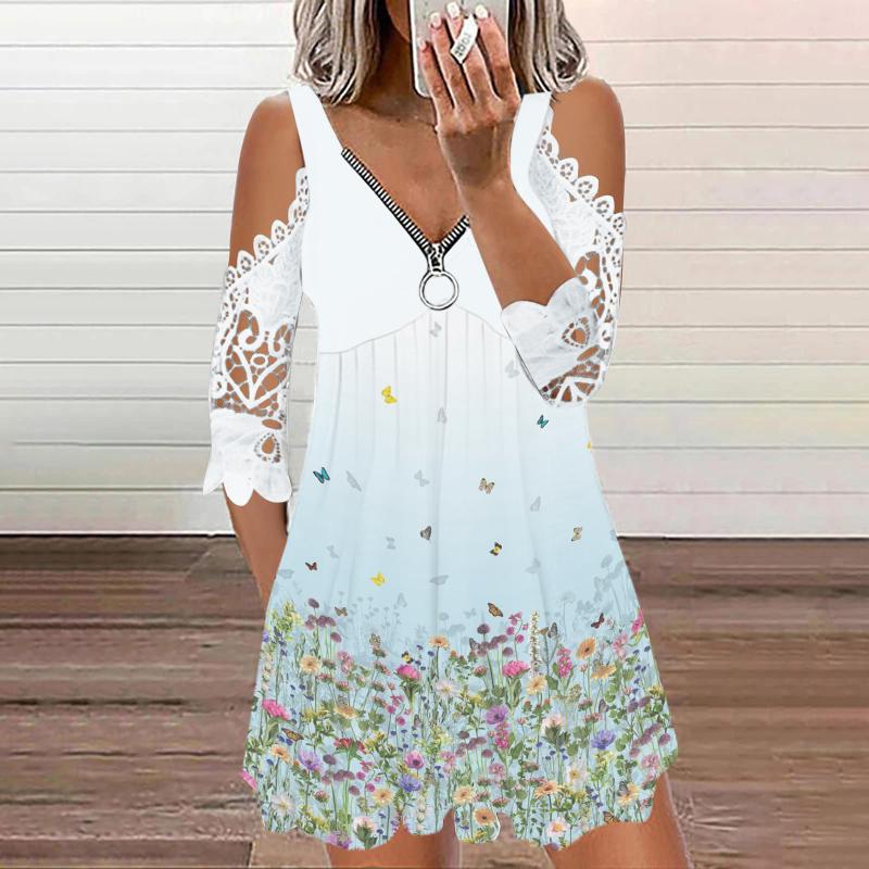 

Women' Vests Vintage Zipper Dress Women Summer Foral Printing Sexy Off Shoulder Lace Casual V-neck Short Sleeve Open Back Mini DressesWomen, Bk