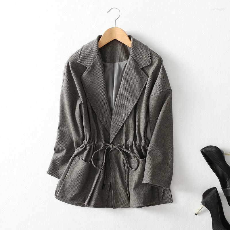 

Women' Suits & Blazers 2022 Autumn Winter Vintage Women Plaid And Jackets Casual Drop-shoulder Sleeve Waist Lace Up Suit Coat OL Lady, Grey