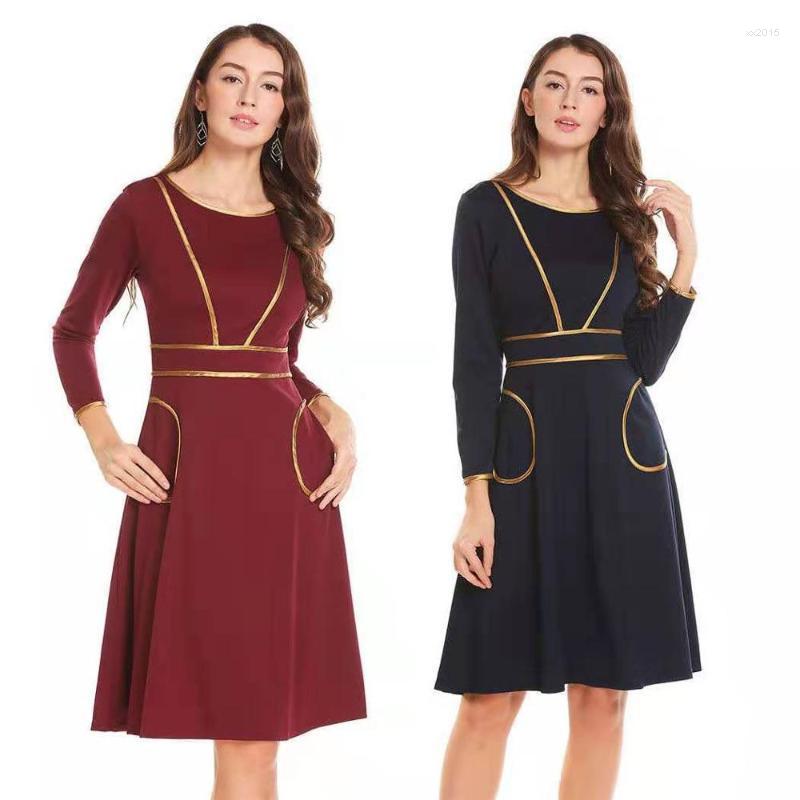 

Casual Dresses COLDKER Women Long Sleeves Dress Solid Pattern Round Neck Cloth For Female Woman Fomal Clothing Office Ladies, Black