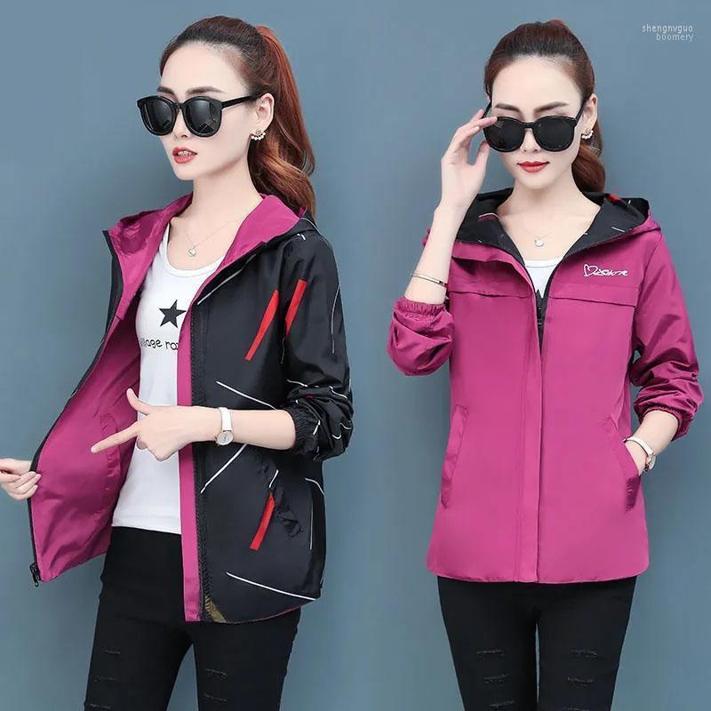 

Women's Jackets 2022 Spring Autumn Women Jacket Fashion Hooded Two Side Wear Print Outwear Casual Long Sleeve Loose Coat Female Windbreake, Black