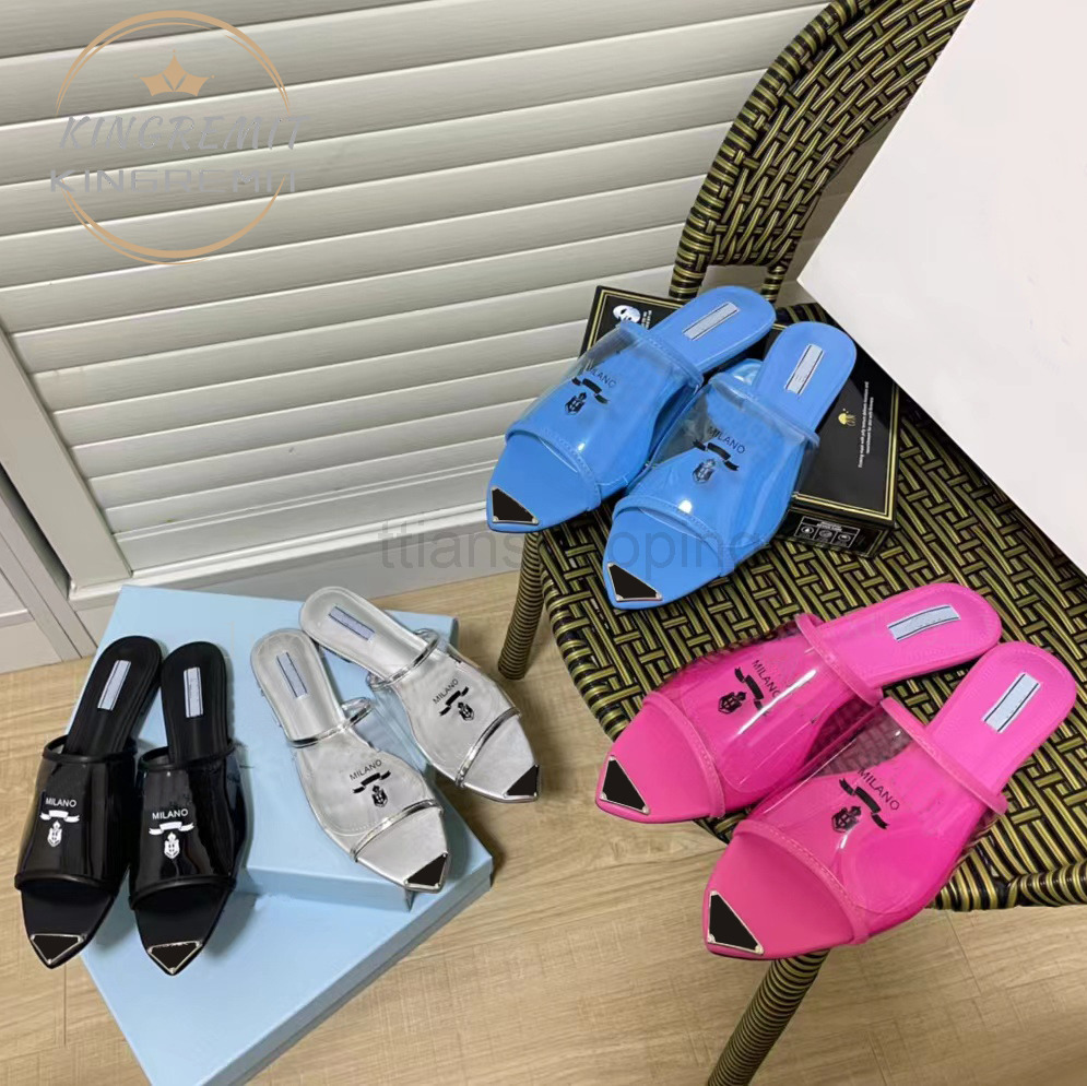 

Designer Slippers Transparent Sandals Women Printed Plexiglass Heels Triangle PVC Slipper Summer Slides Leather Sole Inside Enameled Me, Color 1