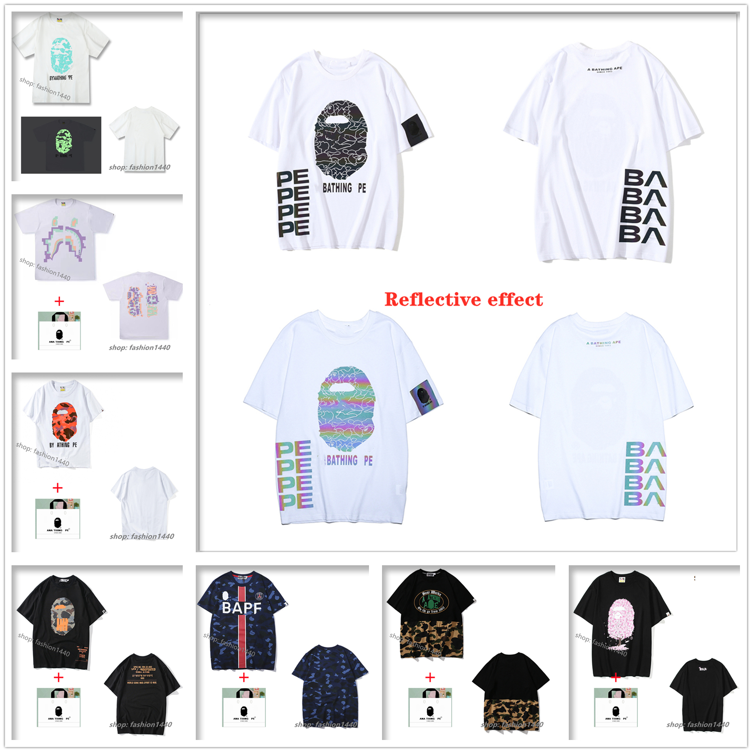 

Summer Men's T-Shirts fashion women's short-sleeved casual t-shirt apes zipper shark head reflective letters foam three-dimensional print with tote bag D14, 1 pcs button