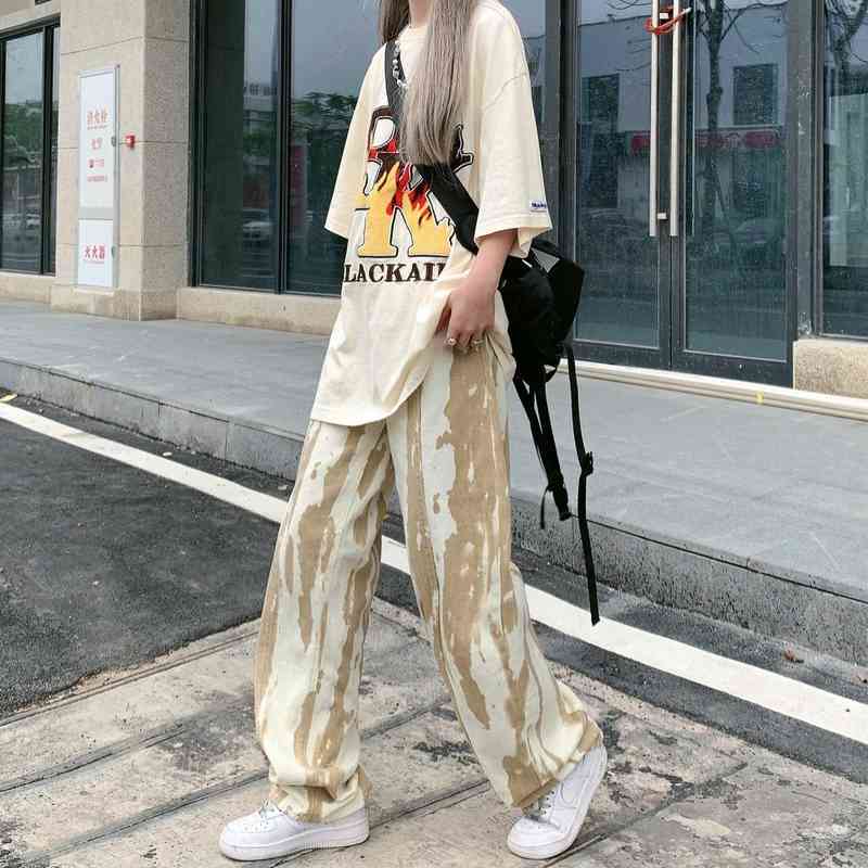 

CGC Vintage Tie Dye Baggy Jeans Women High Waist Cargo Pants Straight Oversize Pants Aesthetic Woman Streetwear Wide Leg Trouser T220728, Khaki