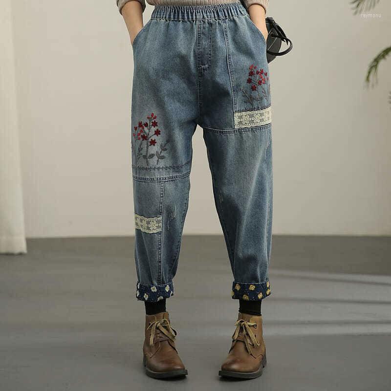 

Women's Jeans Spring Arts Style Women Elastic Waist Loose Casual Flower Embroidery Vintage Patchwork Lace Denim Harem Pants V238Women's, Picture color