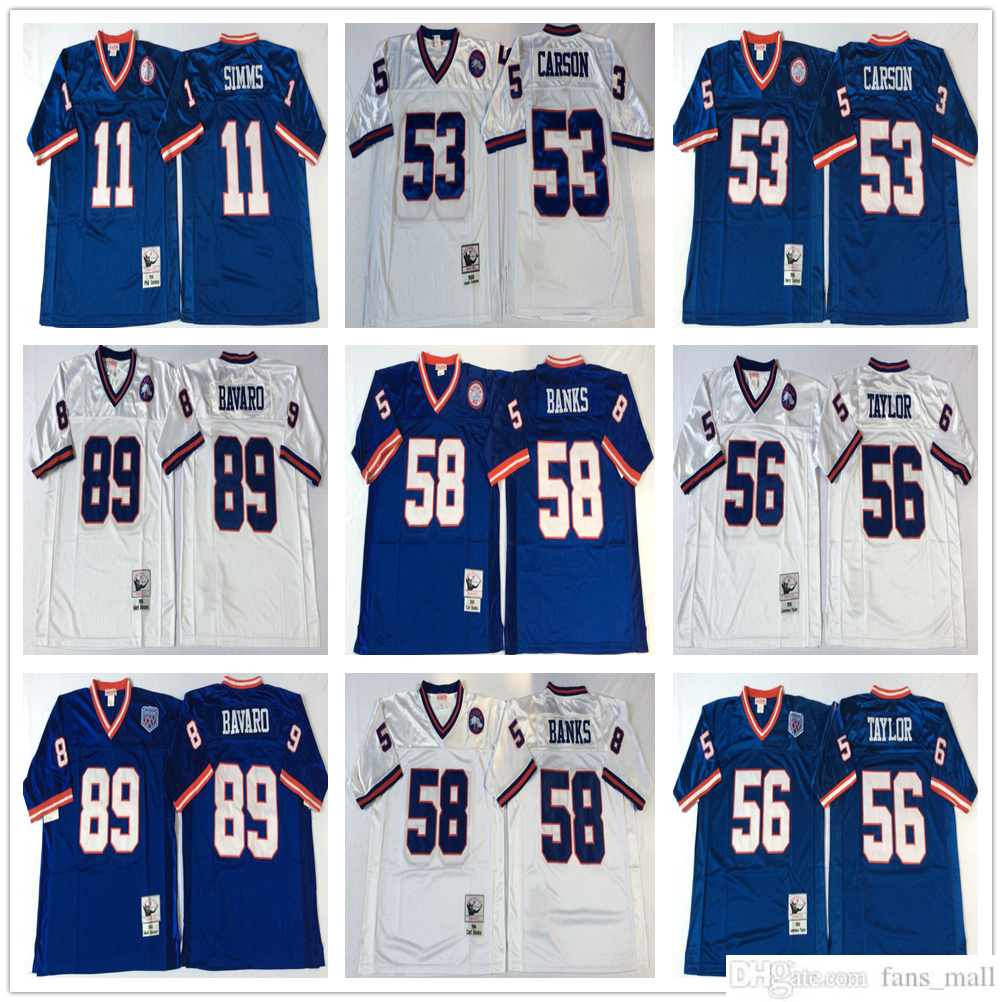 

NCAA 75th Mitchell and Ness Vintage Football 89 Mark Bavaro Jerseys Retro Stitched 11 Phil Simms 53 Harry Carson 56 Lawrence Taylor Carl Banks Jersey Blue White, Same as picture