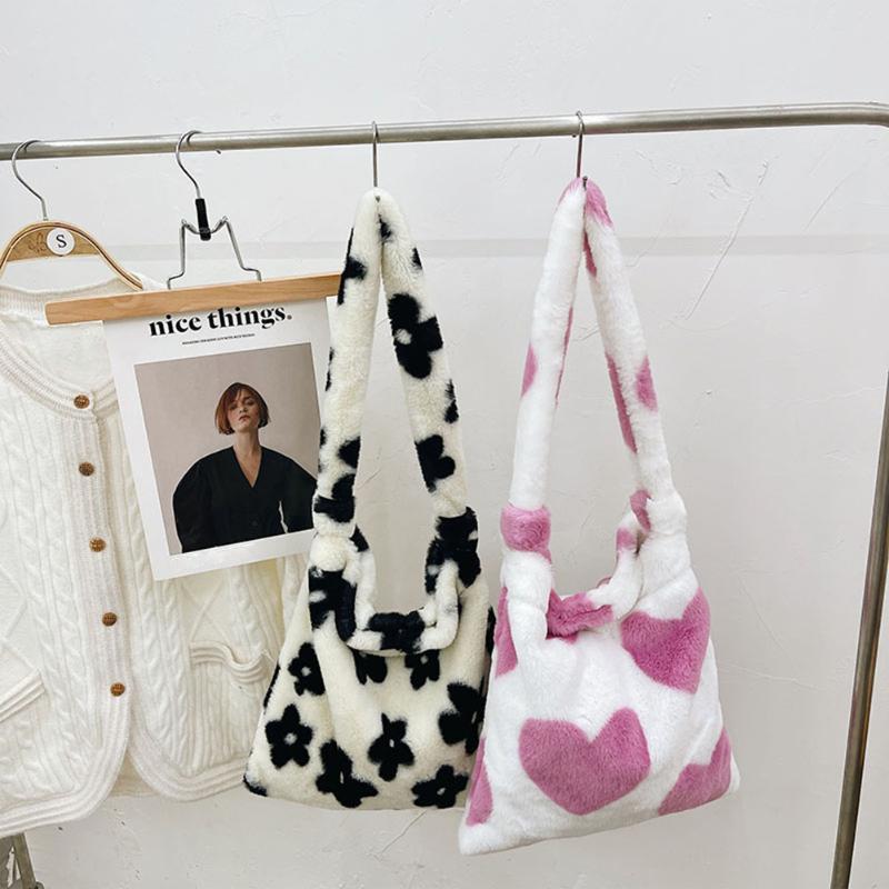 

Evening Bags Fashion Ladies Furry Plush Shoulder Bag Women Cow Pattern Crossbody Casual Female Hit Color Soft Messenger, White
