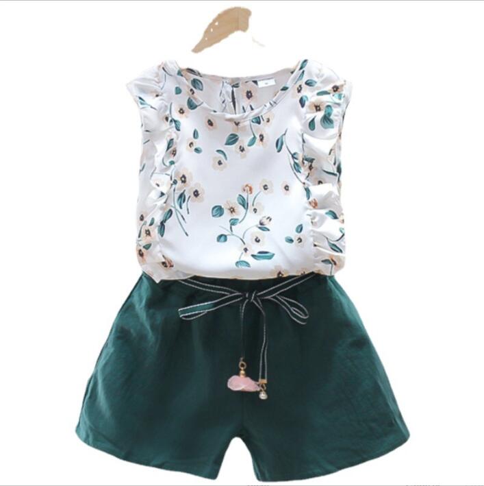 

Girls Designer Clothing Sets Kids Summer Fashion Suits Baby Flying Sleeve Tops Loose Plain Shorts Outfits Child Floral Print Vest Chiffon Pants B8237