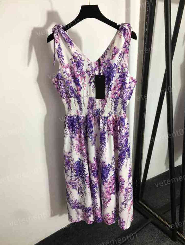 

Fashion Women Dresses Purple Print Elastic Waist Elegant V-neck Suspender Dress High Quality Luxury Sexy Designer Women Clothing 0912