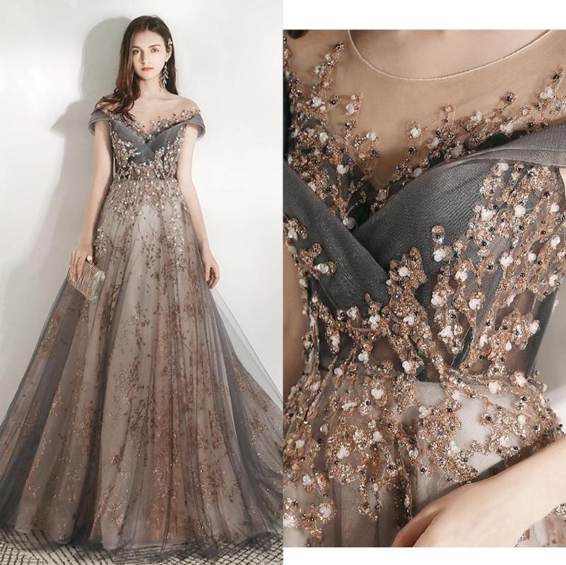 

Party Dresses Purple Gray Luxury Prom Off Shoulder Elegant Sequins Appliques Bead A-Line Formal Wedding Guest Evening Gowns