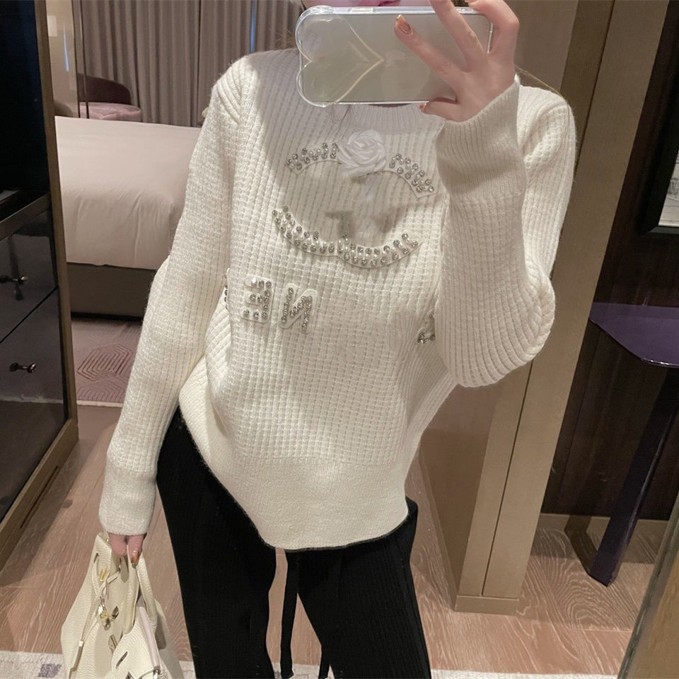 Women Sweaters New Womens Oversize Sweater Top Knits Clothes Women Clothing Designer Knitted Long Sleeve With Letter Pearl Flowers Size S-XL Whit