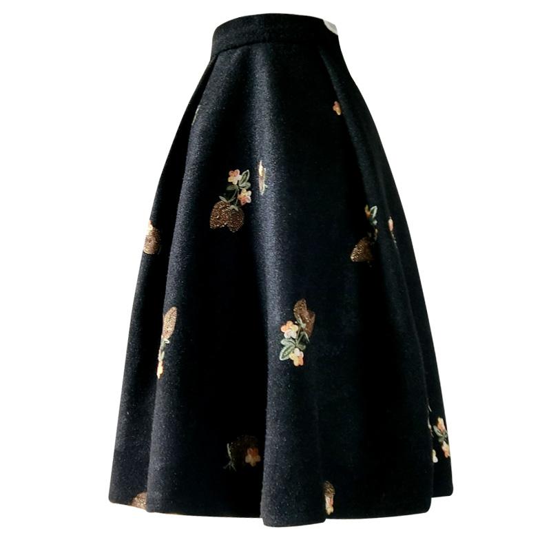 

Skirts Black Embroidered Woolen Ball Gown Skirt Women Autumn Winter High Waist Party Umbrella Plus SizeSkirts, Black 1