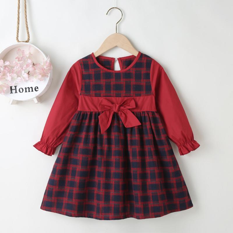 

Girl's Dresses Spring Autumn Kids Long Sleeve 2-7 Y Baby Girls College Style Dress Fashion Plaid Splicing Bow-knot For Girl, Red
