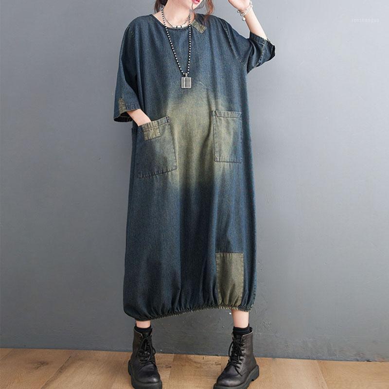 

Casual Dresses One-Piece Plus Size Dress For Women Vintage Long Sleeve Loose Female Robe Autumn Pocket Denim 2022 Korean, Blue
