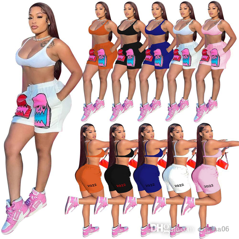Été Designer Femmes 2 Pièces Bikers Ensembles Survêtements Dessin Animé Imprimé T-shirt Et Short Survêtement Haut Court Col V Tenues De Sport