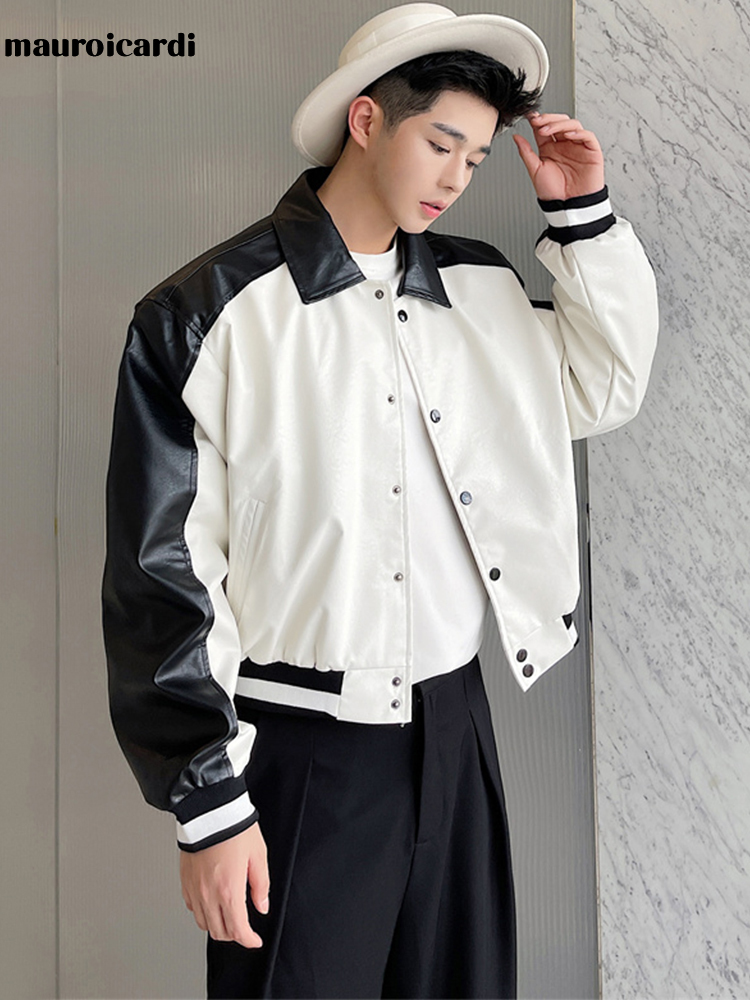 

Mauroicardi Spring White and Black Color Block Faux Leather Bomber Jacket Men Oversized Casual Designer Clothes Fashion 220816