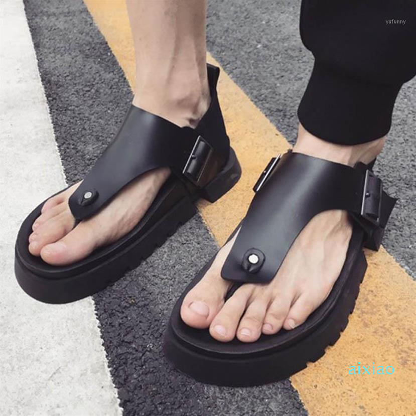 Summer Mens Fashion Thick Platform Flip Flop Sandals Vintage Gladiator Buckle Male Genuine Leather Beach Sandals Shoes1276q