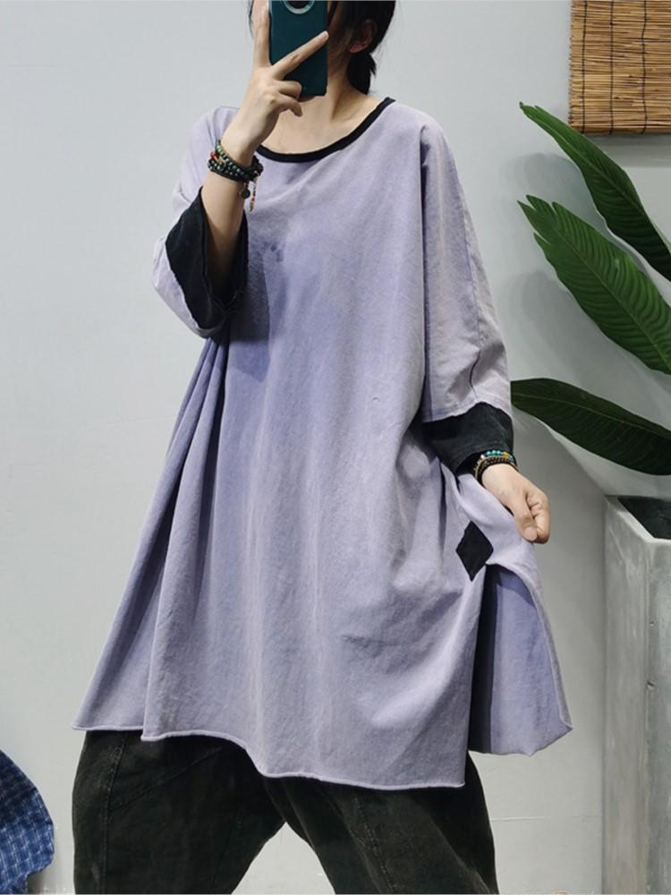 

Women's T-Shirt Women 2022 Summer Retro Loose Casual Tops Female O-Neck Short Sleeve Spliced Split The Fork Simple, Black