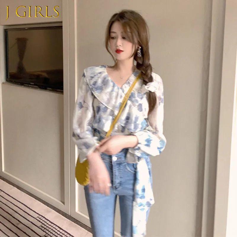 

Women' Blouses & Shirts GIRLS Women Ulzzang Aesthetic Retro All-match Elegant Fashion Floral Vintage Ruffles Summer College Chiffon DesignW, As shown