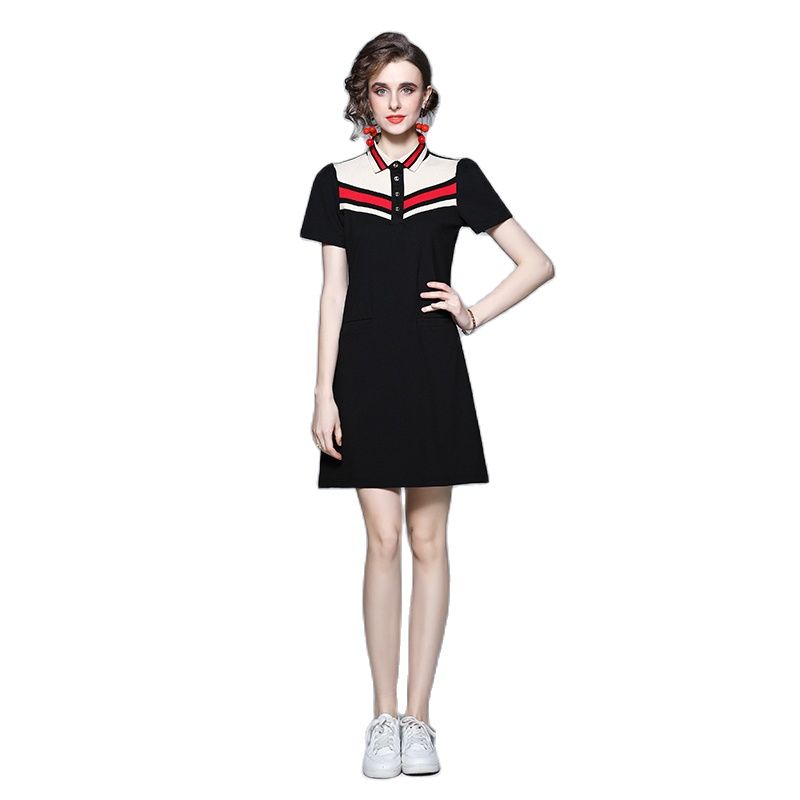 

2022 Polo Lapel Short Sleeve Striped Dress Summer Woman Designer Vacation Slim Fit Stylish Mini Dresses Milan Style Women Clothes Casual Sports A-Line Short Frock