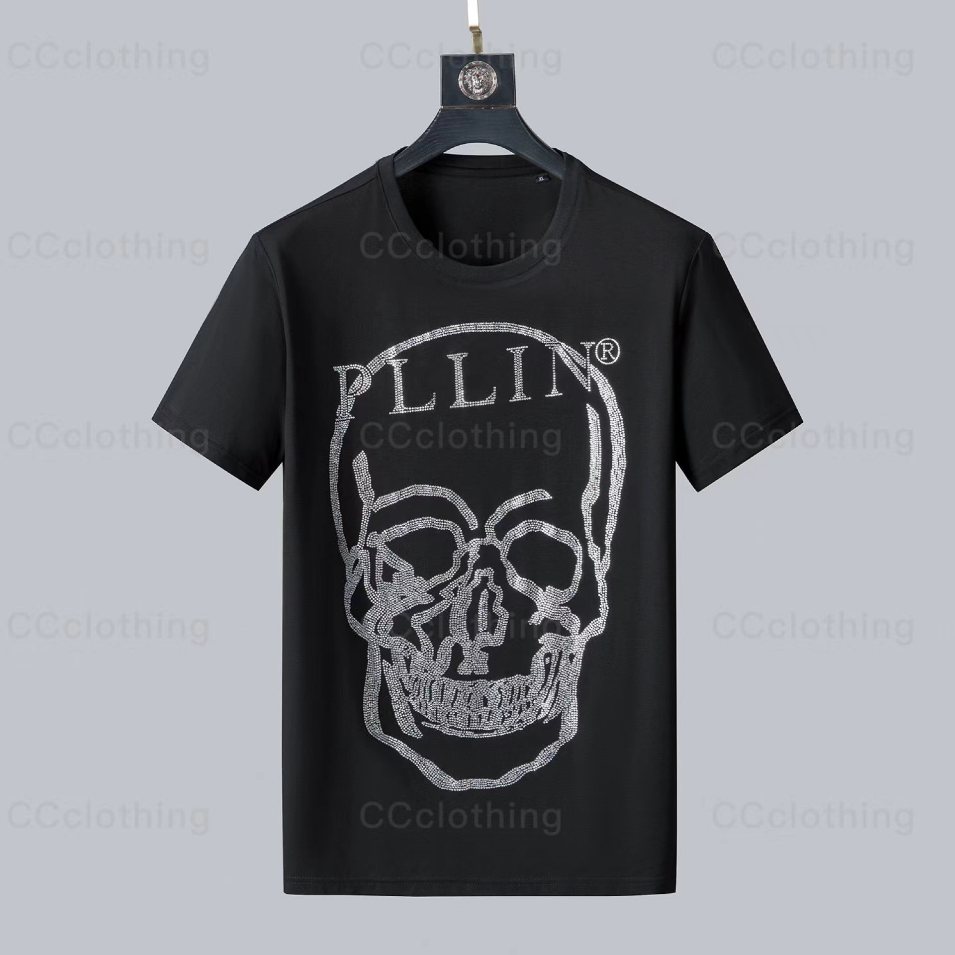 

2022 P High quality luxury brand men's 3D T-shirt 100% cotton skull high temperature hot diamond Tees Asian size plus M, Black