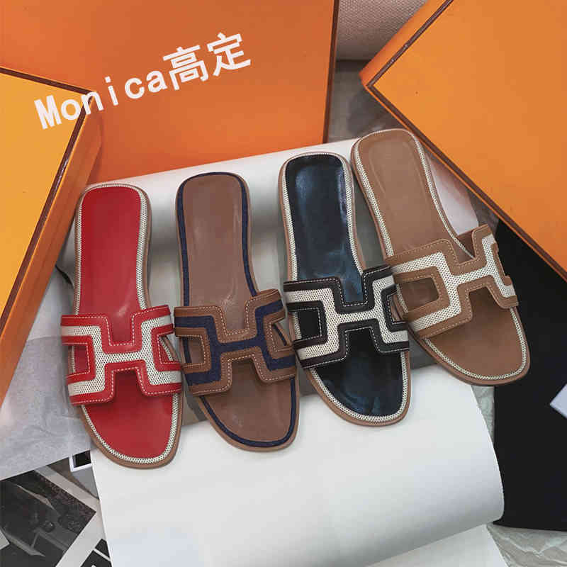 

Paris H Slipper Herme Oran Sandals Slippers Setting h Slippers Women Wear Jeans Stitched Thick High-heeled Sandals Outside the Drill Flip Flops, Brown with white flat bottom