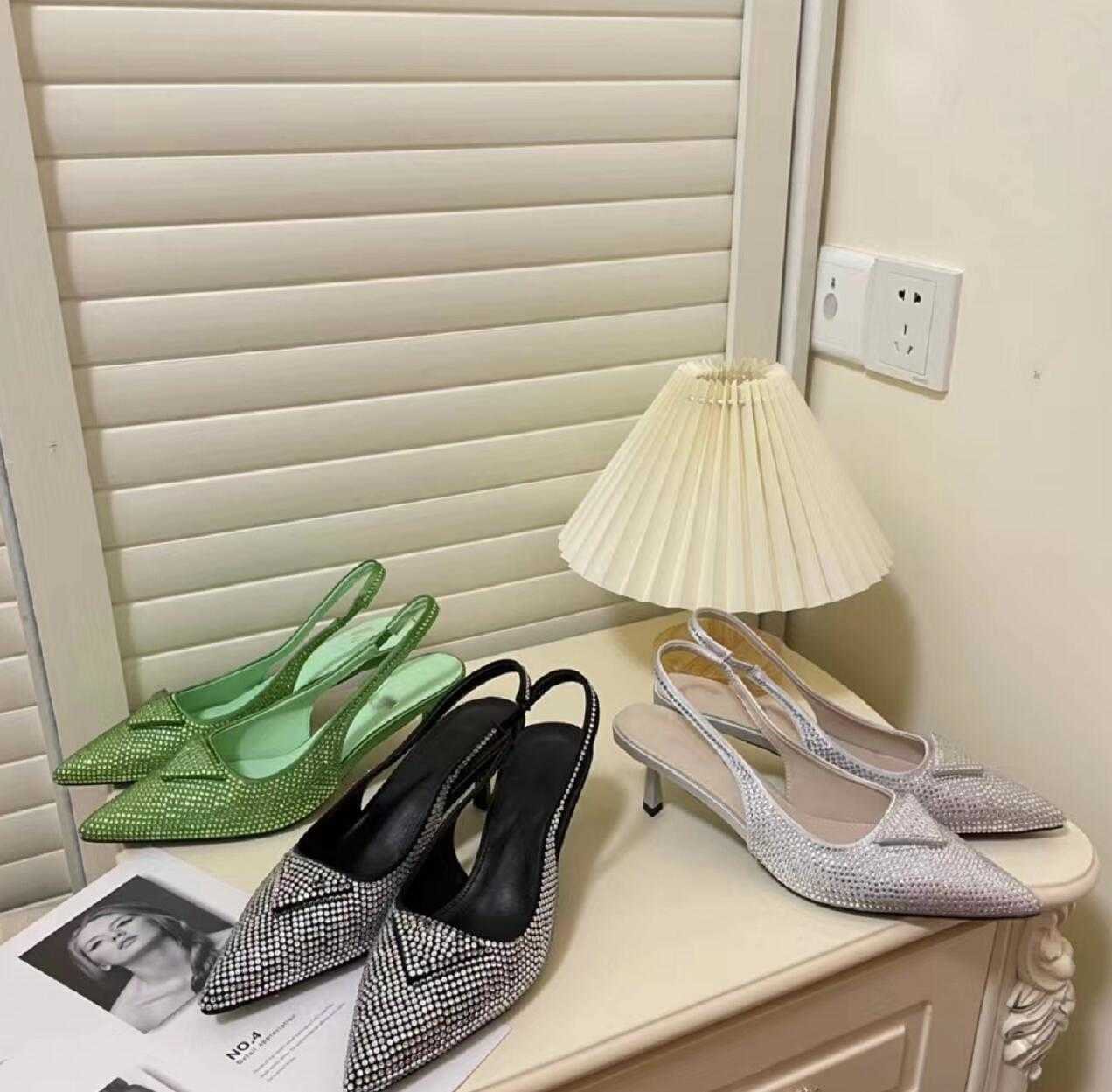 

Luxury rhinestone High Heel Sandals Designer Women's Pointy High-Heeled Shoes Fashion Sexy Summer Party Wedding Sandal High Quality Lady, Box