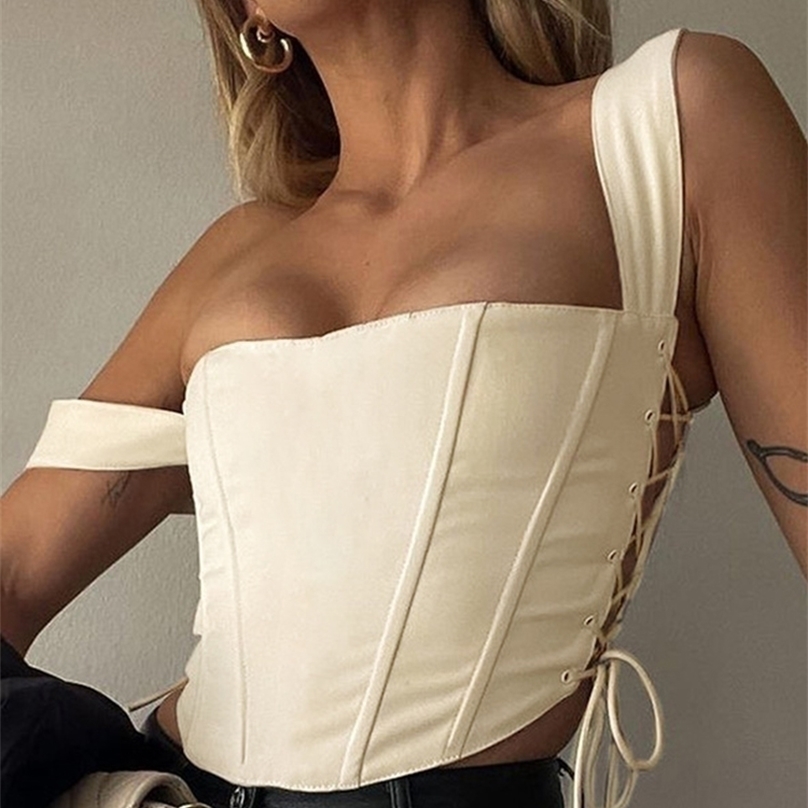 

Hbenna Crop Top Women Side Bandage Party Sexy Laceup Cut Out Tank Asymmetry Hem Slim Camis Summer Clubwear Streetwear 220318, Black