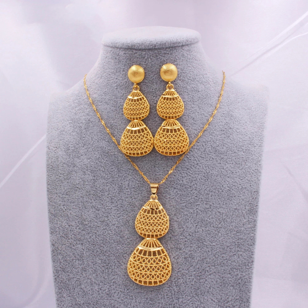 

Women Jewelry set Necklace Pendant Earring 24K Ethiopian Arabia Indian Dubai African Teardrop Hollow Wedding Party Bridal Gift, Golden